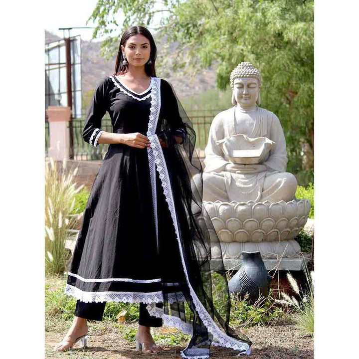 ONEWE INDIA Naadiya Embroidered Anarkali Set (Set of 3) - Black