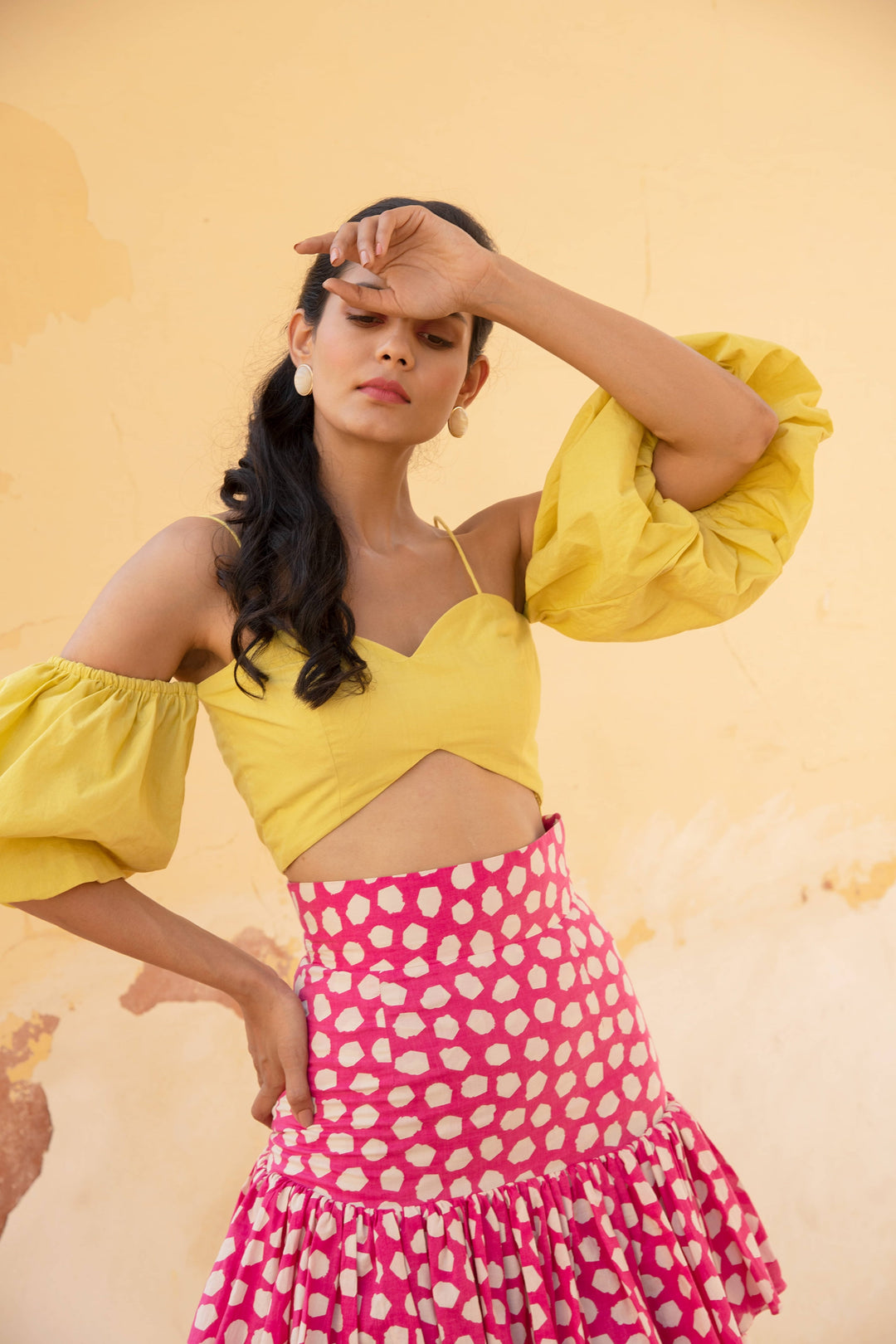 Lime Yellow Off Shoulder Top With Retro Pink Polka Dots Layered Skirt