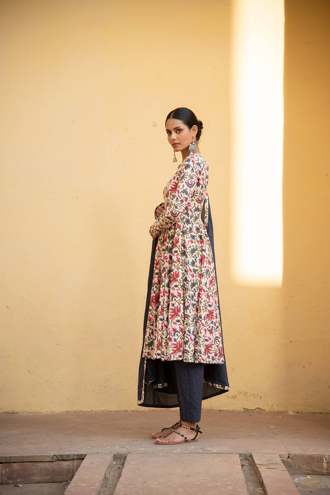 Ivory Floral Print Anarkali Suit Set Paired With Blue Pansy Dupatta