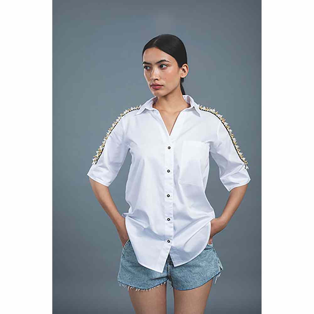 Pallavi Swadi White Audrey Pearl Ribbon Shirt