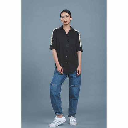 Pallavi Swadi Black Audrey Pearl Ribbon Shirt