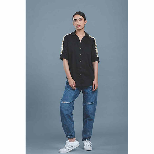 Pallavi Swadi Black Audrey Pearl Ribbon Shirt