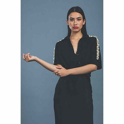 Pallavi Swadi Black Audrey Pearl Ribbon Shirt