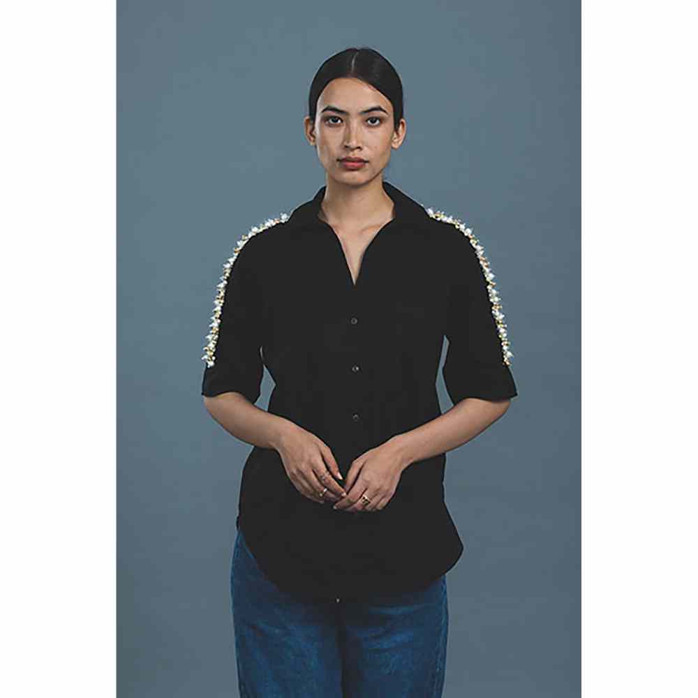 Pallavi Swadi Black Audrey Pearl Ribbon Shirt