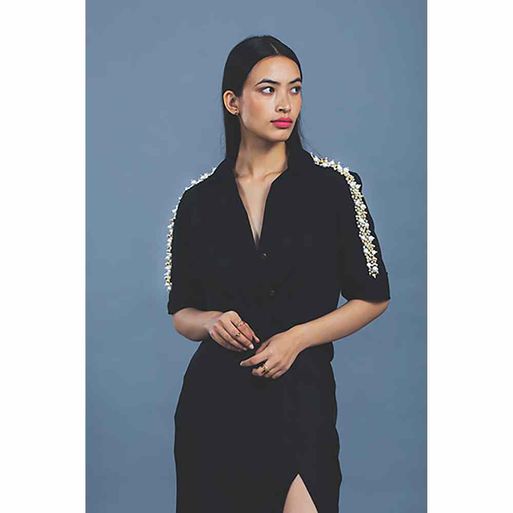 Pallavi Swadi Black Audrey Pearl Ribbon Shirt