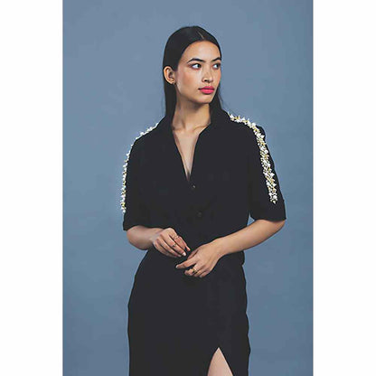 Pallavi Swadi Black Audrey Pearl Ribbon Shirt