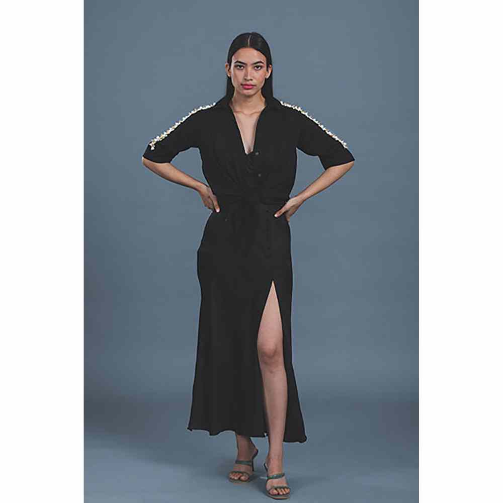 Pallavi Swadi Black Audrey Pearl Ribbon Shirt