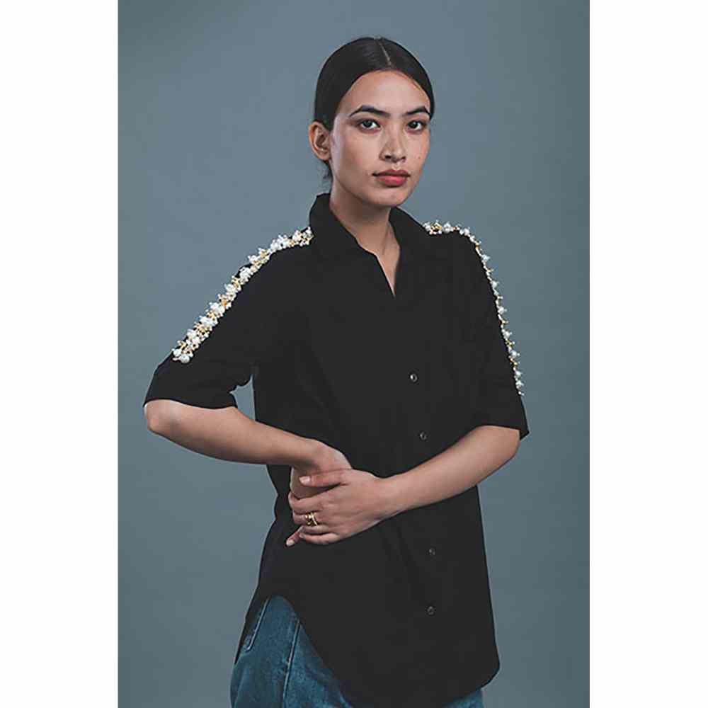 Pallavi Swadi Black Audrey Pearl Ribbon Shirt