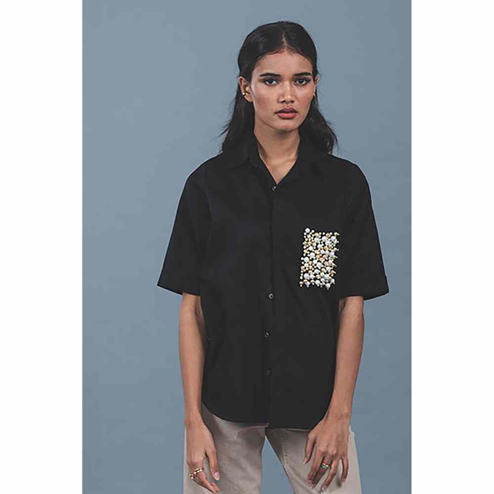 Pallavi Swadi Black Audrey Pearl Pocket Shirt