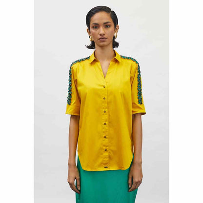 Pallavi Swadi Canary Yellow Emerald Swarovski Ribbon Shirt