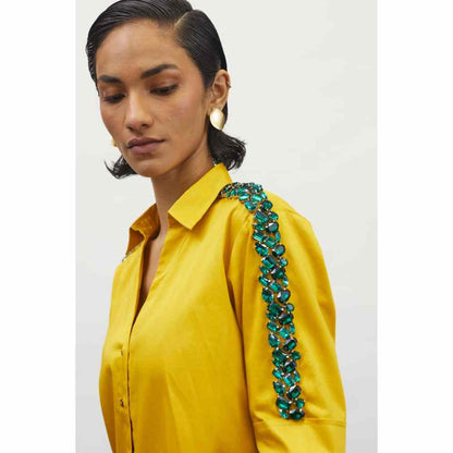 Pallavi Swadi Canary Yellow Emerald Swarovski Ribbon Shirt