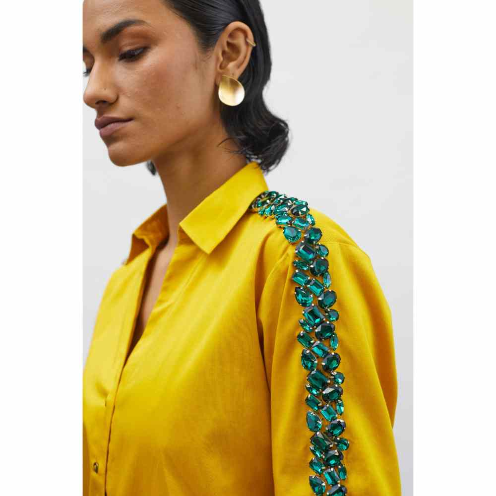 Pallavi Swadi Canary Yellow Emerald Swarovski Ribbon Shirt