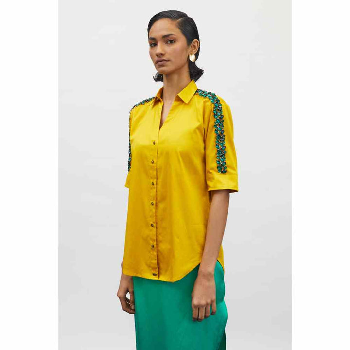 Pallavi Swadi Canary Yellow Emerald Swarovski Ribbon Shirt