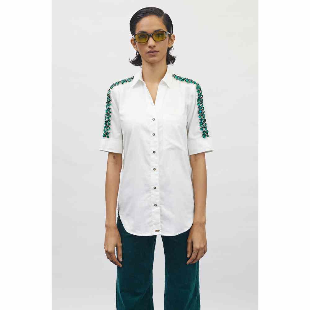 Pallavi Swadi White Swarovski Emerald Ribbon Shirt
