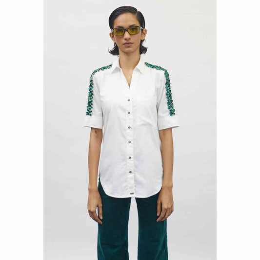 Pallavi Swadi White Swarovski Emerald Ribbon Shirt