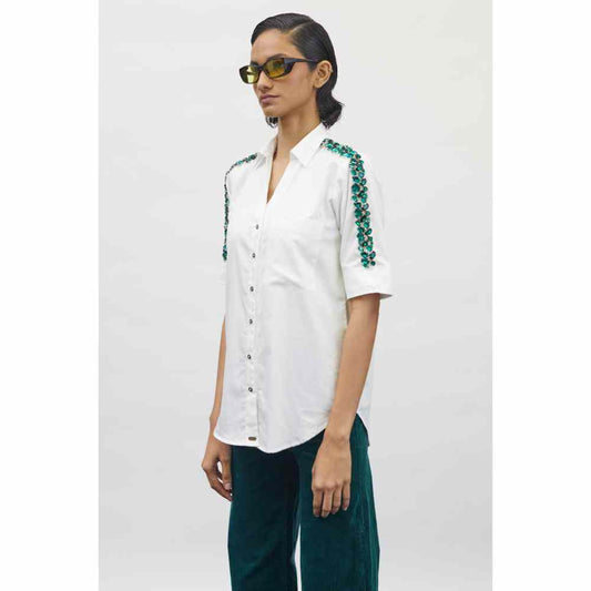 Pallavi Swadi White Swarovski Emerald Ribbon Shirt