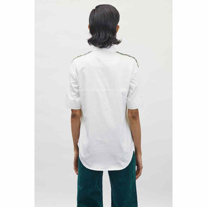 Pallavi Swadi White Swarovski Emerald Ribbon Shirt