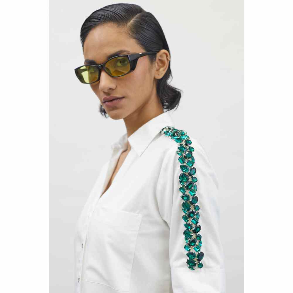 Pallavi Swadi White Swarovski Emerald Ribbon Shirt