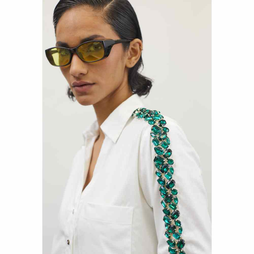 Pallavi Swadi White Swarovski Emerald Ribbon Shirt