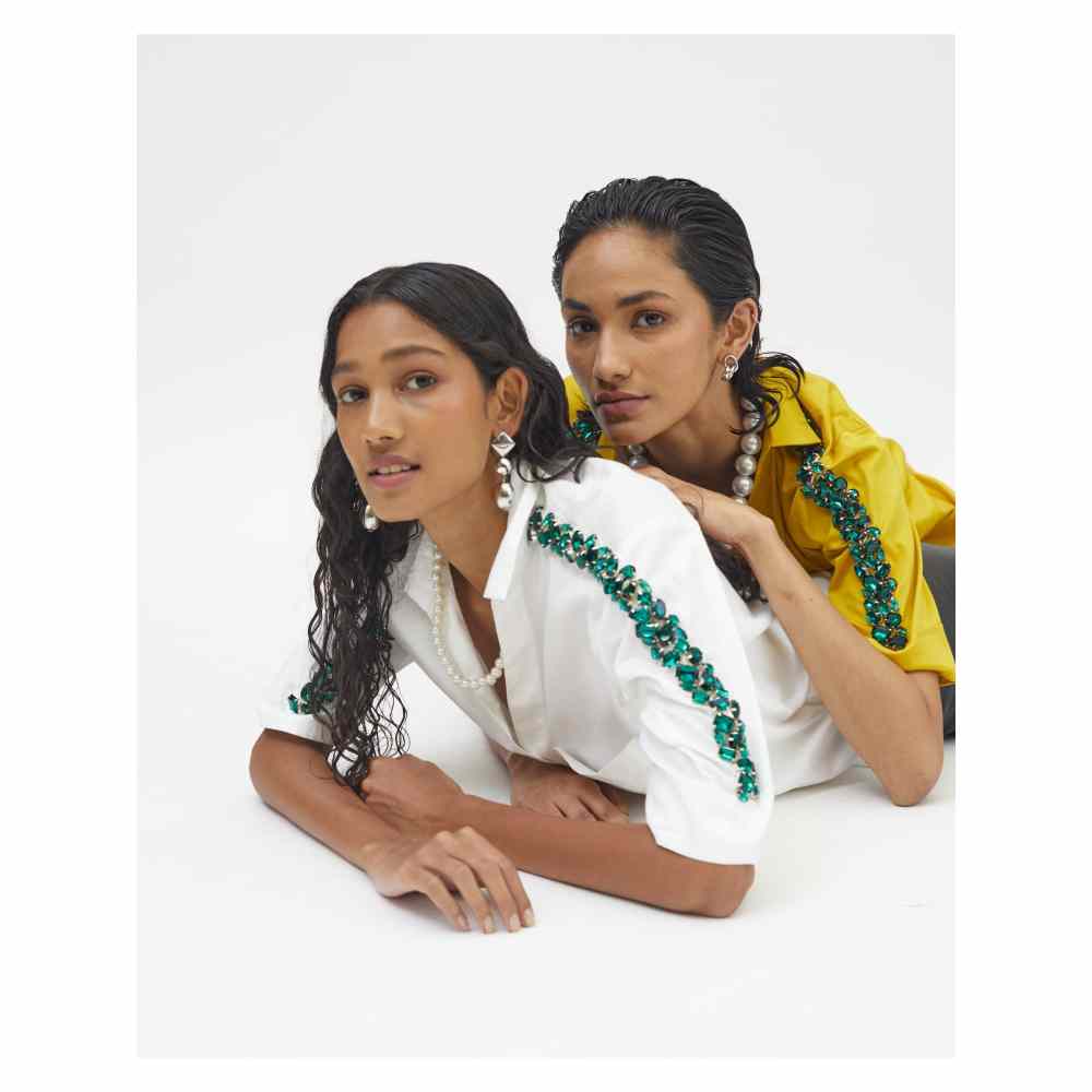 Pallavi Swadi White Swarovski Emerald Ribbon Shirt