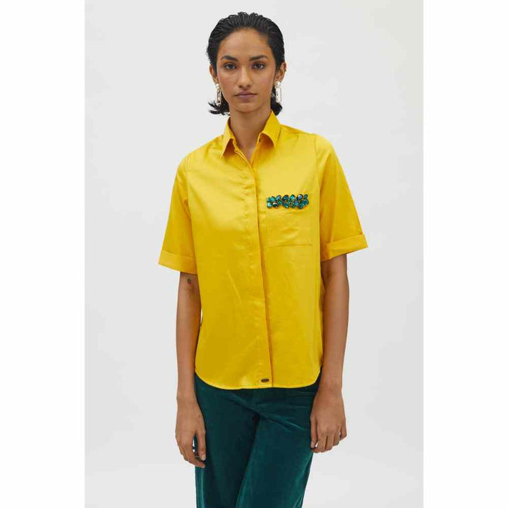 Pallavi Swadi Canary Yellow Emerald Pocket Swarovski Shirt