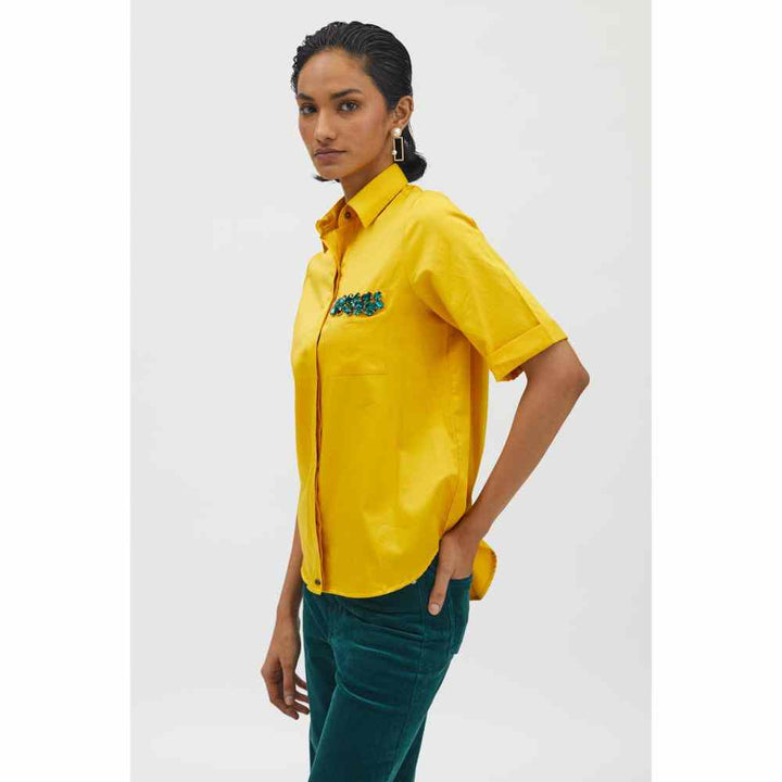 Pallavi Swadi Canary Yellow Emerald Pocket Swarovski Shirt