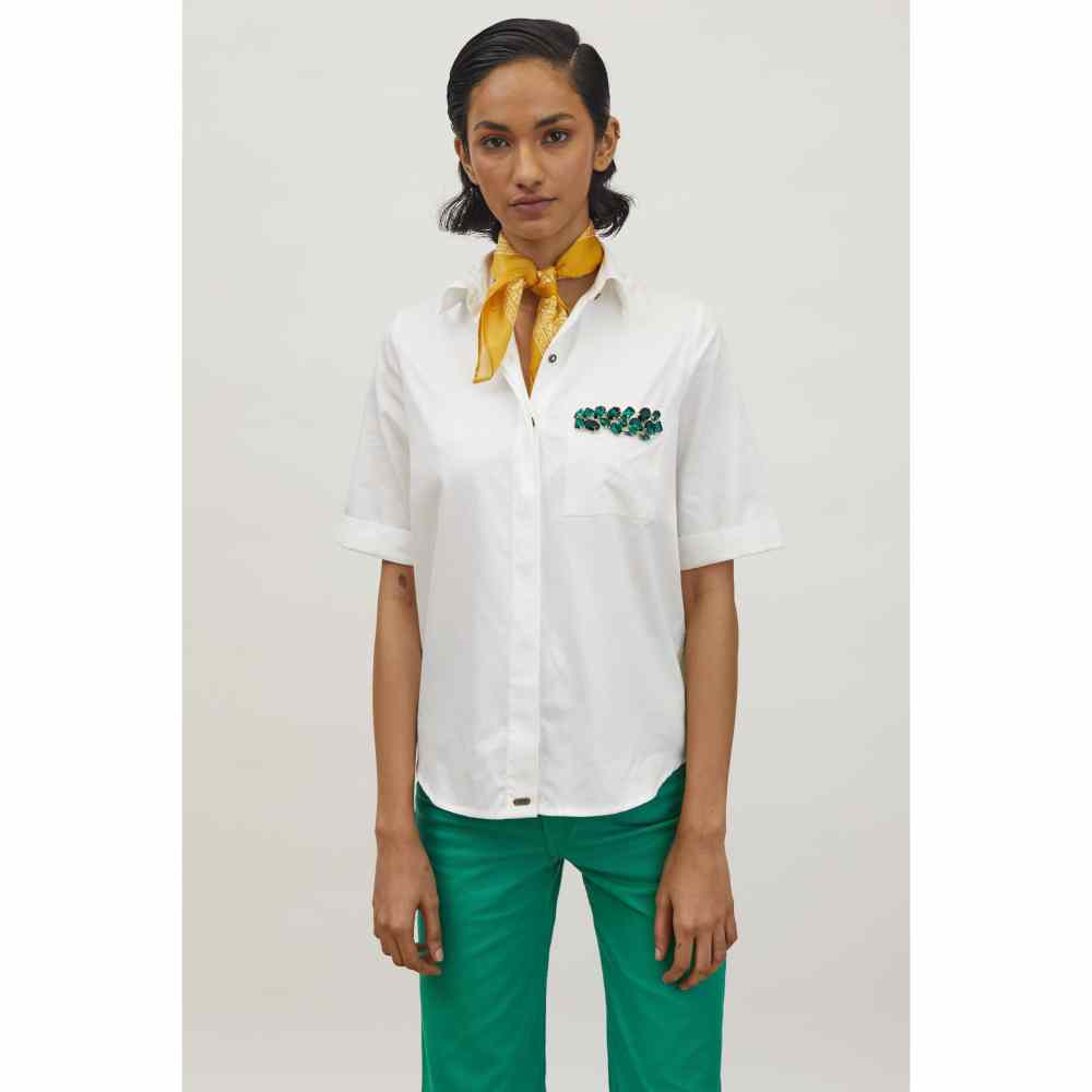 Pallavi Swadi White Emerald Pocket Swarovski Shirt
