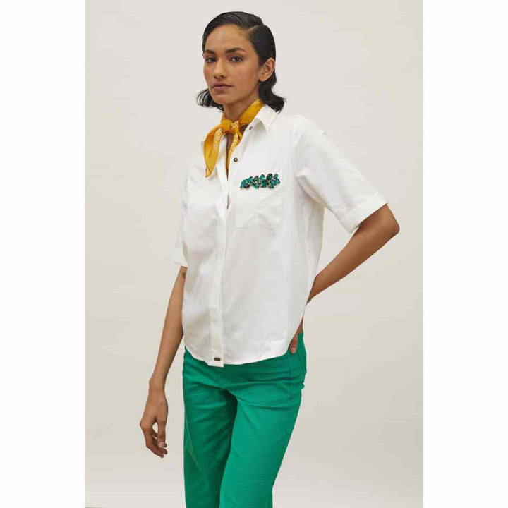 Pallavi Swadi White Emerald Pocket Swarovski Shirt