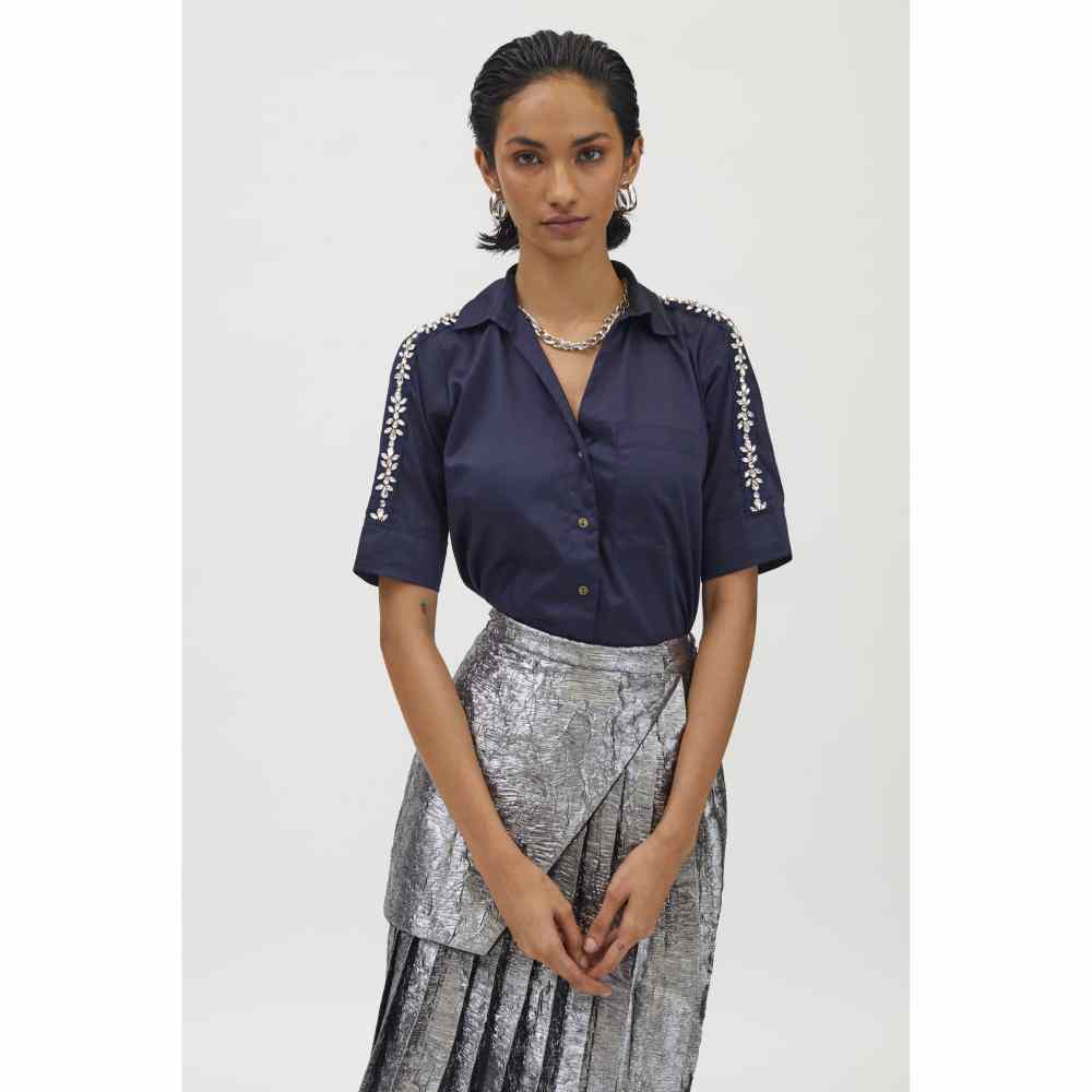 Pallavi Swadi Navy Flower Swarovski Ribbon Shirt