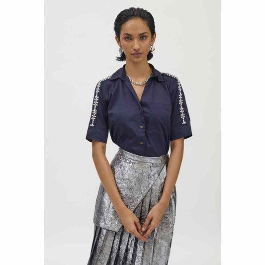 Pallavi Swadi Navy Flower Swarovski Ribbon Shirt