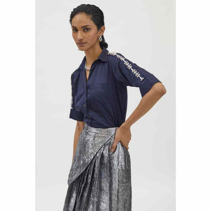 Pallavi Swadi Navy Flower Swarovski Ribbon Shirt