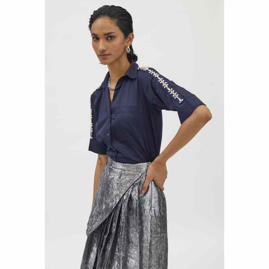 Pallavi Swadi Navy Flower Swarovski Ribbon Shirt