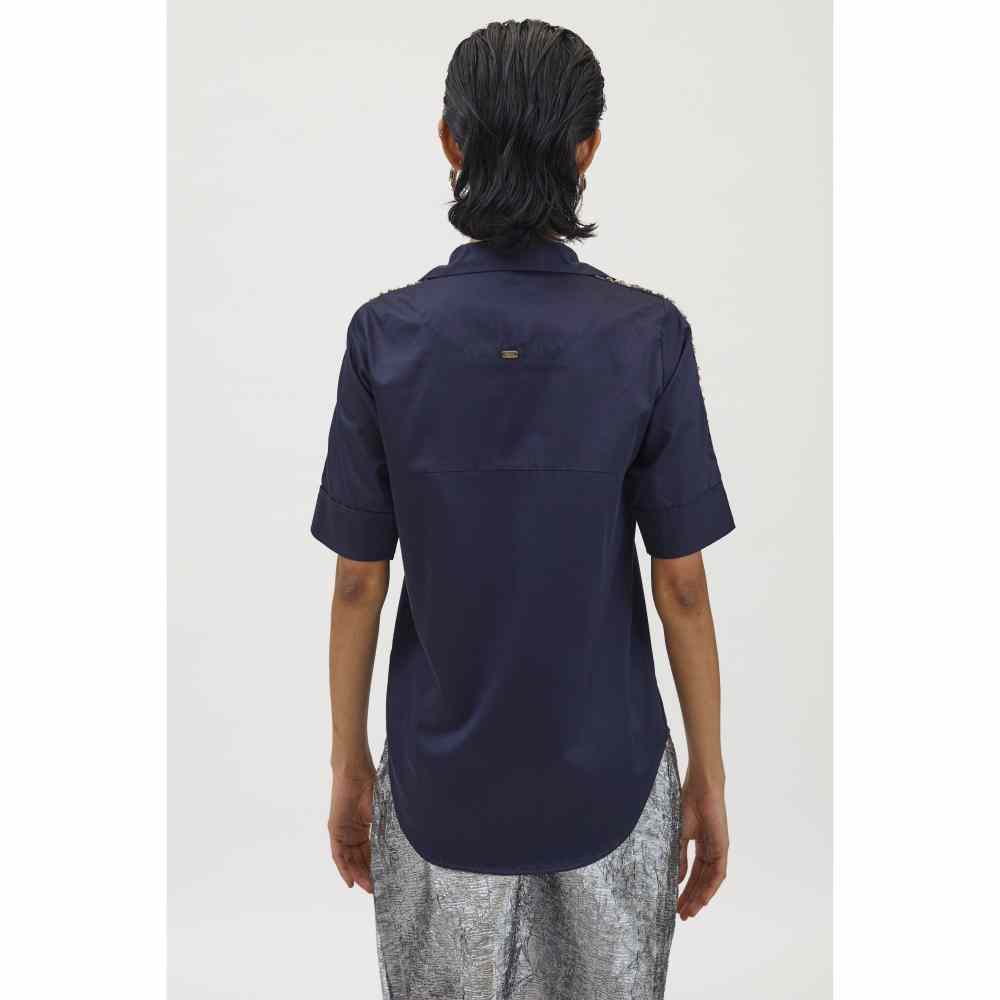 Pallavi Swadi Navy Flower Swarovski Ribbon Shirt