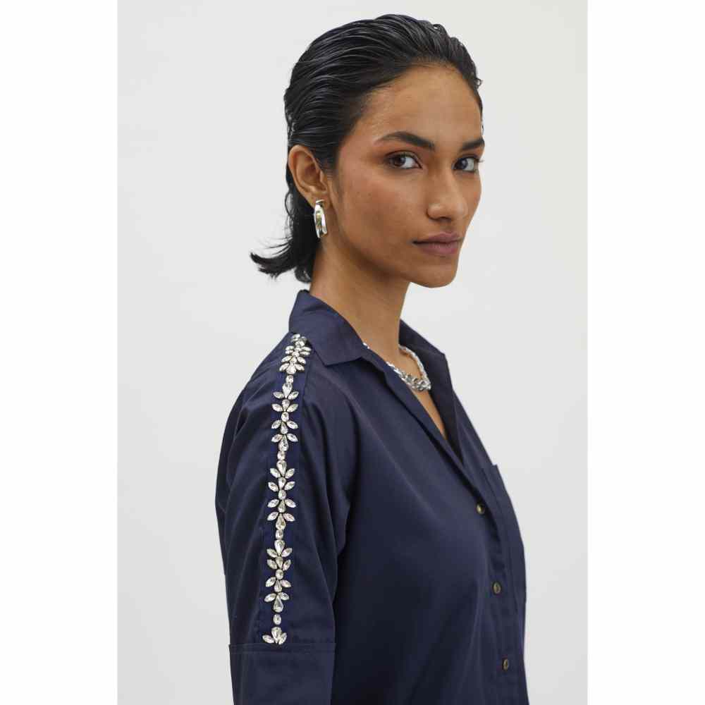 Pallavi Swadi Navy Flower Swarovski Ribbon Shirt
