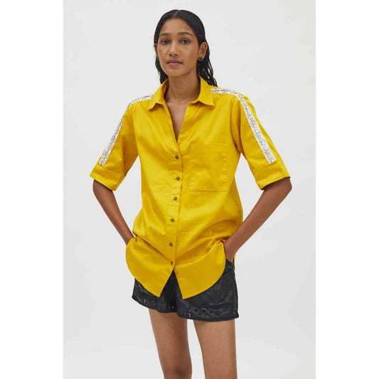 Pallavi Swadi Canary Yellow Flower Swarovski Ribbon Shirt