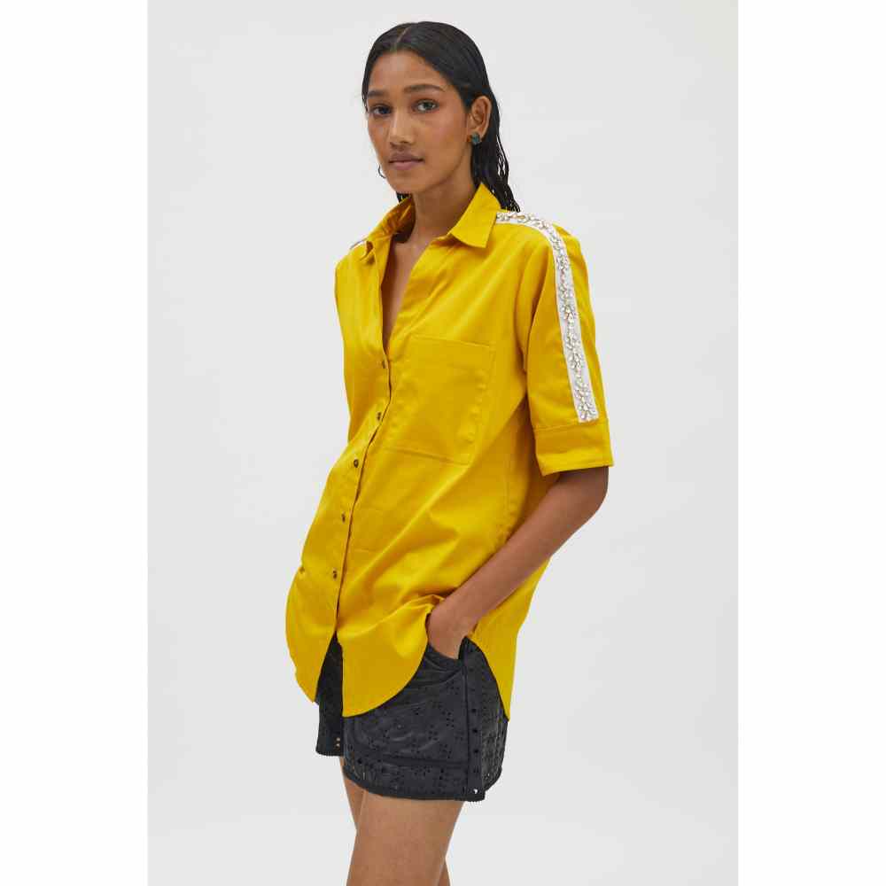 Pallavi Swadi Canary Yellow Flower Swarovski Ribbon Shirt