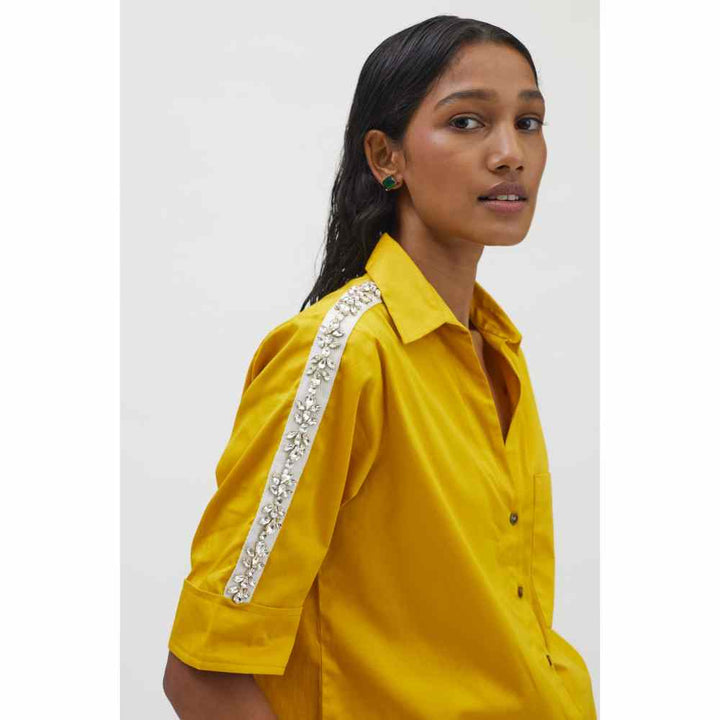 Pallavi Swadi Canary Yellow Flower Swarovski Ribbon Shirt