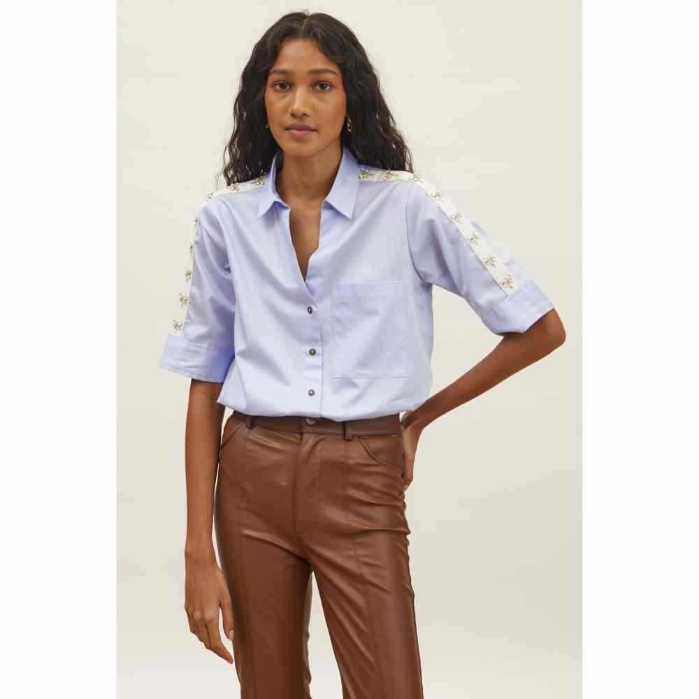 Pallavi Swadi Sky Blue Dragonfly Swarovski Shirt