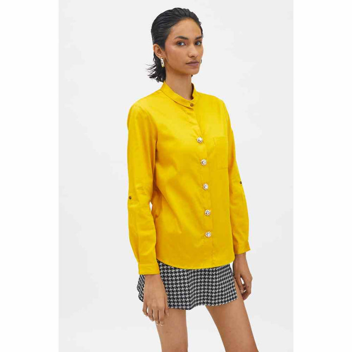 Pallavi Swadi Canary Yellow Swarovski Button Shirt