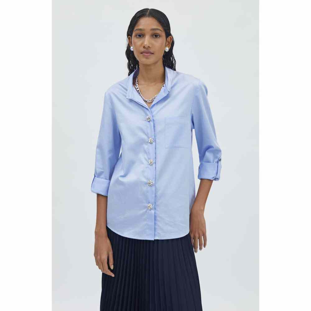 Pallavi Swadi Sky Blue Swarovski Button Shirt