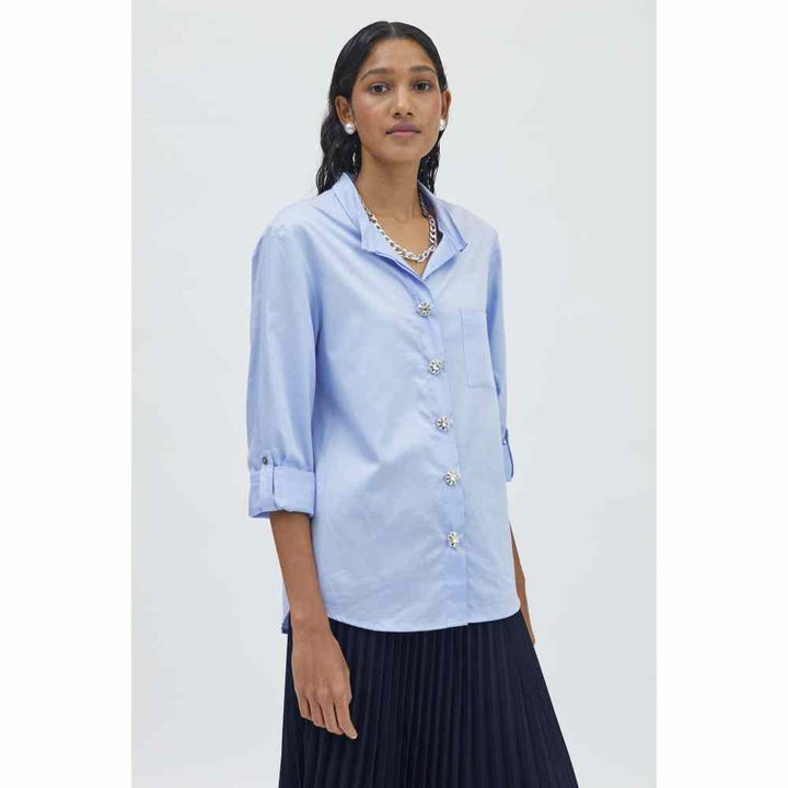 Pallavi Swadi Sky Blue Swarovski Button Shirt