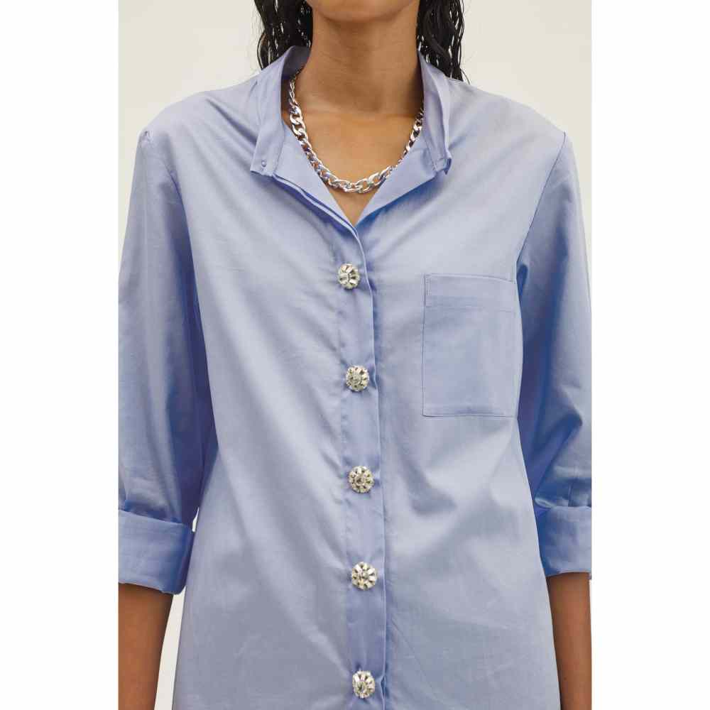 Pallavi Swadi Sky Blue Swarovski Button Shirt