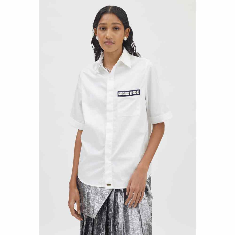Pallavi Swadi White Rectangle Pocket Swarovski Shirt