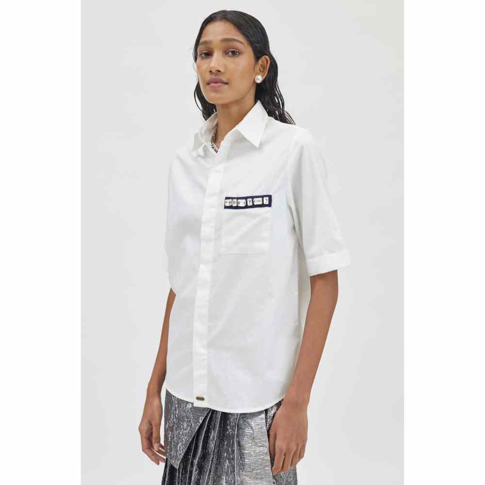 Pallavi Swadi White Rectangle Pocket Swarovski Shirt