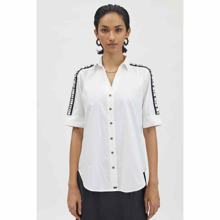 Pallavi Swadi White Rectangle Swarovski Ribbon Shirt