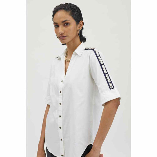 Pallavi Swadi White Rectangle Swarovski Ribbon Shirt