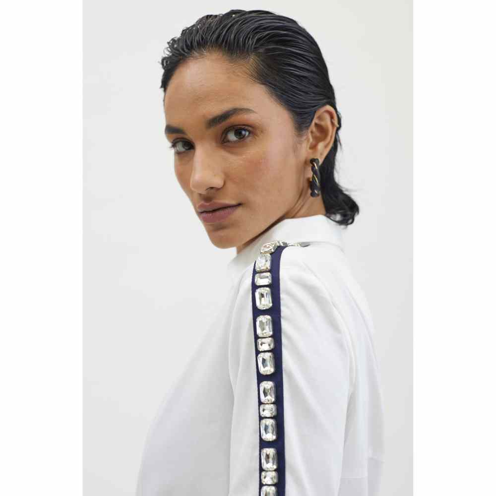 Pallavi Swadi White Rectangle Swarovski Ribbon Shirt