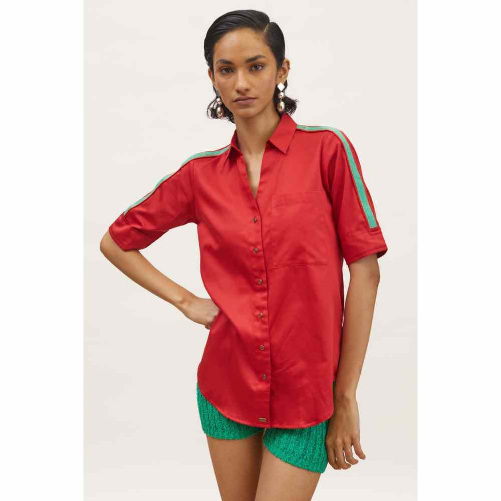 Pallavi Swadi Red Embellished Jade Green Pop Ribbon Shirt