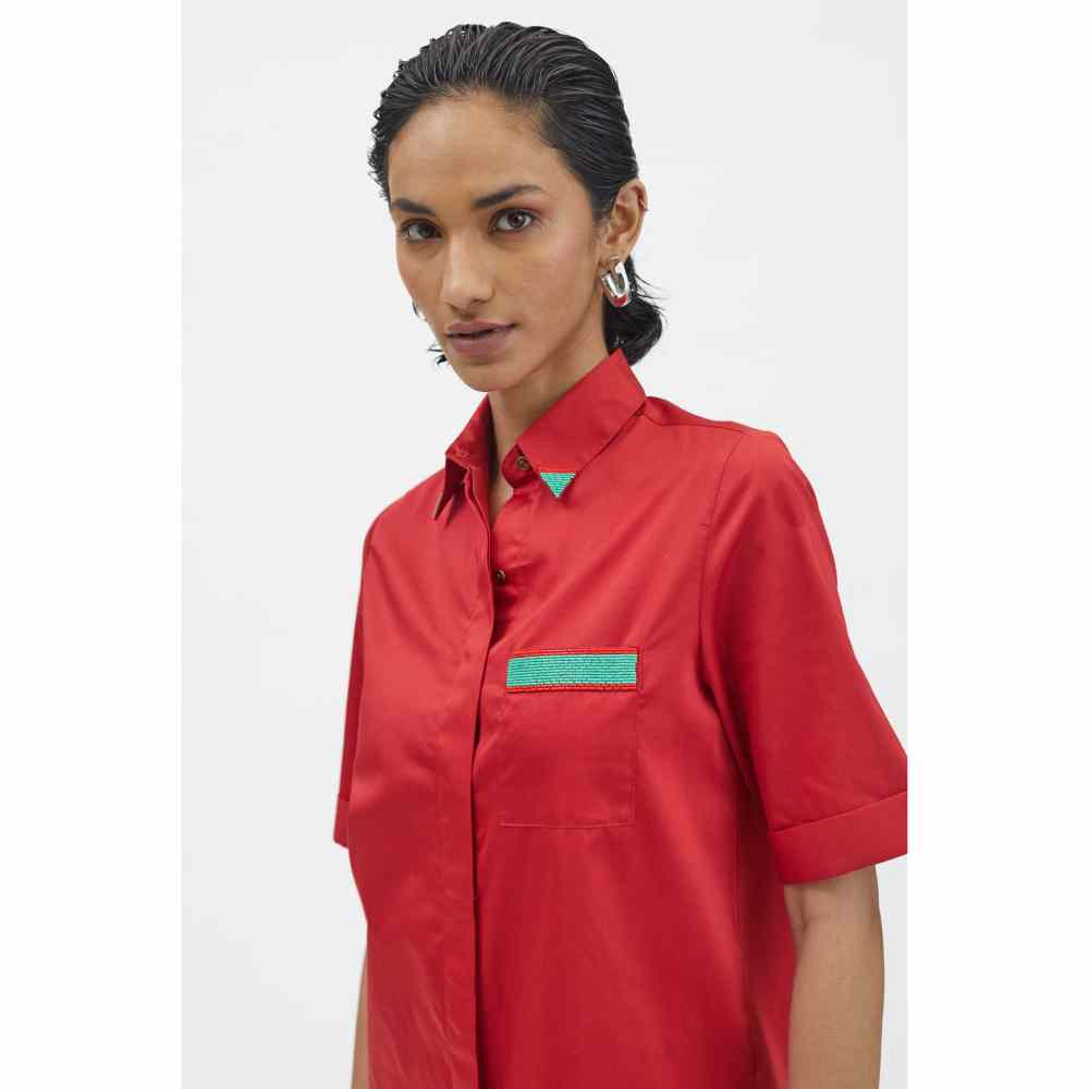 Pallavi Swadi Red Embellished Jade Green Pop Pocket Shirt