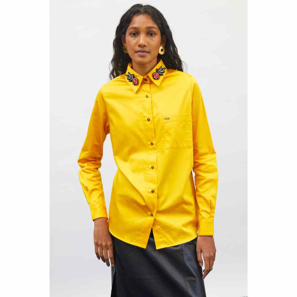 Pallavi Swadi PLV Garden Canary Yellow Floral Collar Shirt